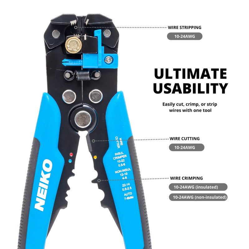 NEIKO 01926A 3-in-1 Automatic Wire Stripper, Cutter, and Crimping Tool, Auto Self-Adjusting Pliers that Cut up to 24 AWG, Electrical Pliers, Universal Wire Striper, Wire Peelers, and Crimper Pliers