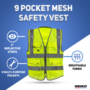 NEIKO Safety Vest with Pockets, 9 Pocket, High Visibility Vest, Reflective Strips, Zipper Front, Reflective Vest For Men & Women, Work Vest, Security Vest, Hi Vis Mesh Neon Yellow Vest  Medium 54060A