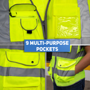 NEIKO Safety Vest with Pockets, 9 Pocket, High Visibility Vest, Reflective Strips, Zipper Front, Reflective Vest For Men & Women, Work Vest, Security Vest, Hi Vis Mesh Neon Yellow Vest  Medium 54060A