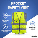 NEIKO Safety Vest with Pockets, 9 Pocket, High Visibility Vest, Reflective Strips, Zipper Front, Reflective Vest For Men & Women, Work Vest, Security Vest, Hi Vis Neon Yellow Vest Small 54050A