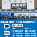 NEIKO 50466A Grease Fitting Assortment, 110 Piece, Metric, Straight & Angled Zerk Grease Fittings Kit, Zinc Plated A3 Steel, For Angled Grease Guns, Mechanical Component Lubrication, M6-1 and M10-1.5