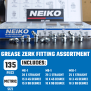 NEIKO 50467A Grease Fitting Assortment, 135 Piece, Metric, Straight & Angled Zerk Grease Fittings Kit, Zinc Plated A3 Steel, Angled Grease Guns, Mechanical Component Lubrication, M6-1, M8-1 & M10-1.5