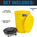 MAGNUM Yellow 32 Gallon Trash Can Set (Trash Can, Quiet Dolly, and Reinforced Lid), Construction Grade, Jobsite Ready, Non-Marking Wheels & Casters for Rolling Garbage CMTC-CLD0-32Y02 (2 Set)