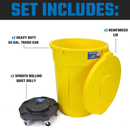 MAGNUM Yellow 55 Gallon Trash Can Set (Trash Can, Quiet Dolly, and Reinforced Lid), Construction Grade, Jobsite Ready, Non-Marking Wheels & Casters for Rolling Garbage CMTC-CLD0-55Y02 (2 Set)