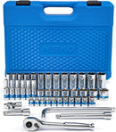 NEIKO 02512A 3/8” Drive Socket Set with Quick Release Ratchet (90 Tooth), 43 Piece Standard and Deep Metric Sizes, 6mm to 24mm, 6 Point, Universal Joint, 3/8” Extension Bars, Made with CR-V Steel