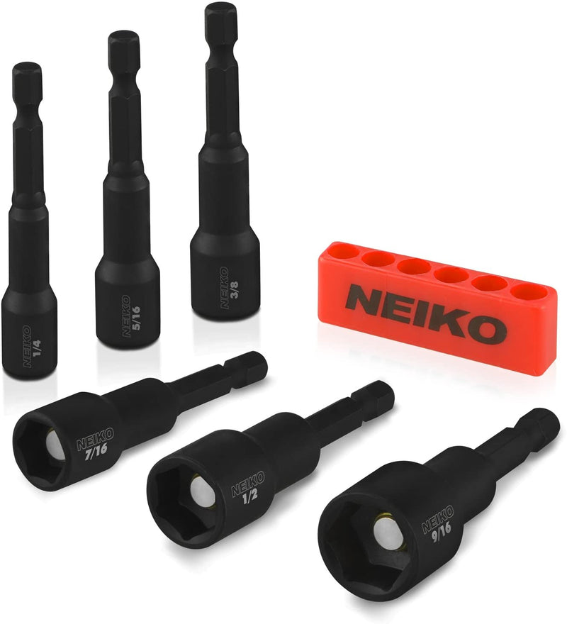 NEIKO 10190A Magnetic Nut Driver Set, 6 Piece Impact Nut Driver Set, SAE, 1/4” to 9/16”, 2-9/16” Long Nut Driver Bit Set for Impact Drill, Cr-V