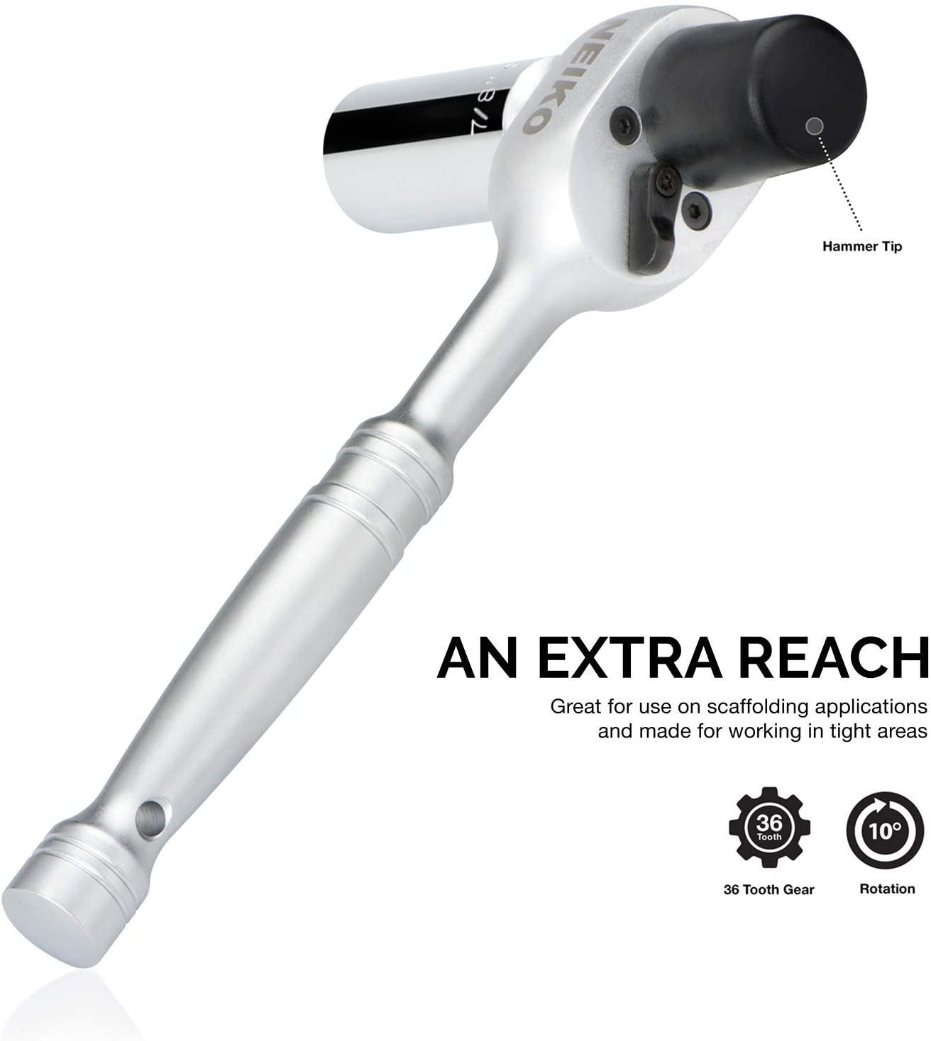 NEIKO 03029A 1/2" Scaffold Ratchet Wrench | 9.5” Length | 36 Tooth Hammer Tip Head | Includes 7/8” 6 Point Deep Socket | Cr-V Steel