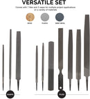 NEIKO 00109A Metal File and Rasp Set | 12 Piece, 10, 8, and 6 Inch Extra Slim Flat, Half, Mill, and Round Files Set | Non Slip PVC Handle, Wood File | Heat Treated Carbon Steel Two Way File