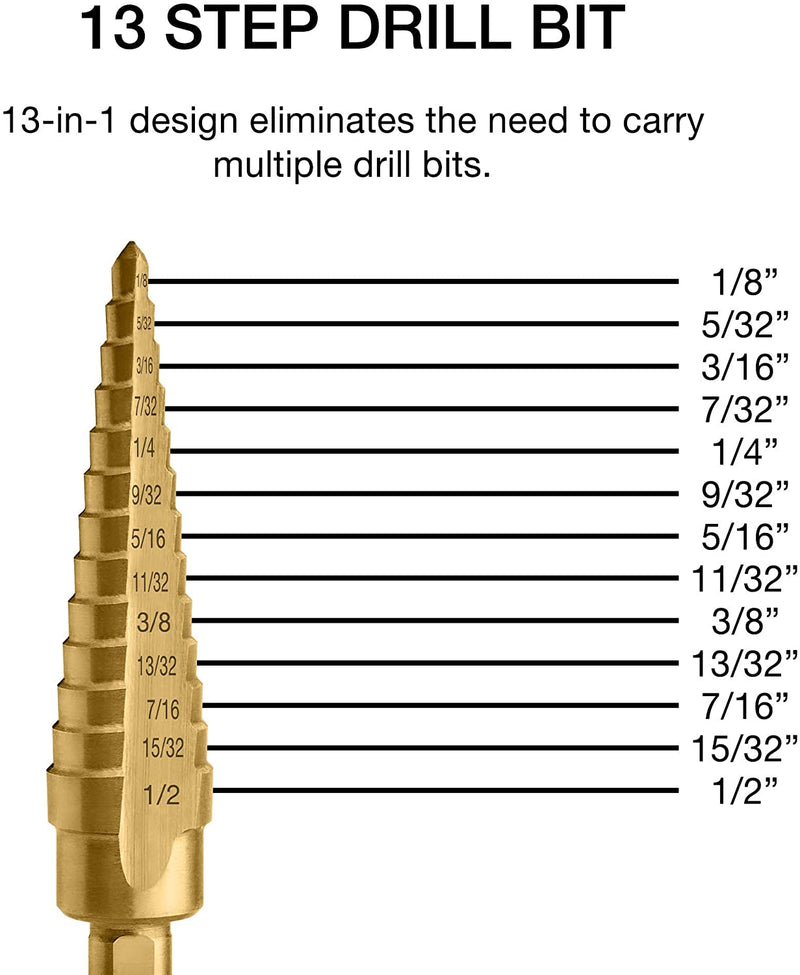 NEIKO 10182A Titanium Step Drill Bit, High-Speed Alloy-Steel Bit, Hole Expander for Wood and Metal, 13 Step Sizes from 1/8 Inch to 1/2 Inch