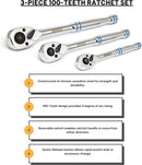 Neiko 03000A 100-Tooth Quick-Release Ratchet-Wrench Set, 1/4-Inch-, 3/8-Inch-, and 1/2-Inch-Drive Ratchets, 3.6-Degree Swing, CrMo Steel, 3-Piece Set