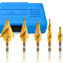 NEIKO 10173A Step Drill Bit Set for Metal and Wood, 5 Piece SAE, Spiral Grooved for Faster Drilling, Step Bits with 50 Total Step Sizes, Titanium Coated Unibits