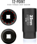 NEIKO 02523A 32mm Socket | 1/2” Drive Deep Impact Socket | Spindle & Axle Nut Socket | 12 Point |Chrome Molybdenum Cr-Mo |Deep Well Hub | Triple Square | Axle Shaft Nut Remover