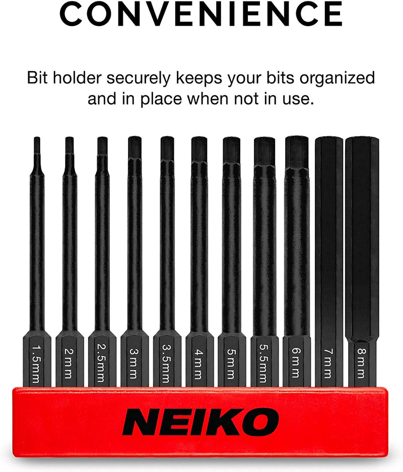 NEIKO 01148A Hex Allen Power Bit Set, 11-Piece Metric Sizes 1.5mm to 8mm | Magnetic Head Bits 3 Quick Release Shanks Premium S2 Steel Compatible with Drills and Impact Drivers