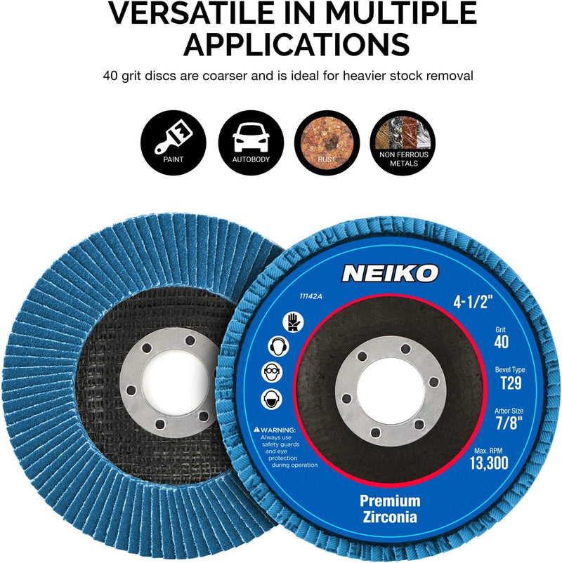 NEIKO 11142A 10 Pack Zirconia Flap Discs 4-1/2 for Angle Grinder, 40 Grit Flapper Wheel, Angled T29 Grinding Wheel 4.5 Inch Flap Disc, 7/8" Arbor Grinding Disc, Flap Wheel for Wood & Metal Sanding