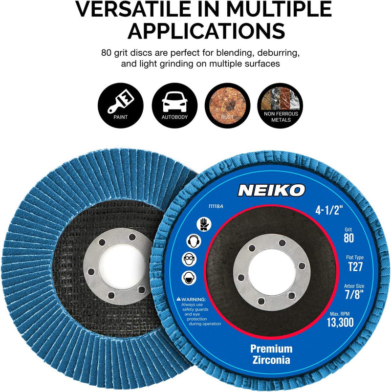 NEIKO 11118A 10 Pack Zirconia Flap Discs 4-1/2 for Angle Grinder, 80 Grit Flapper Wheel, Flat T27 Grinding Wheel 4.5 Inch Flap Disc, 7/8" Arbor Grinding Disc, Flap Wheel for Wood & Metal Sanding