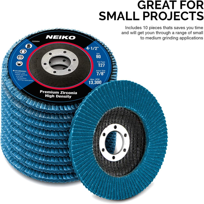 NEIKO 11256A 10 Pack Jumbo Zirconia Flap Discs 4-1/2 for Angle Grinder, 80 Grit Flapper Wheel, Flat T27 Grinding Wheel 4.5 Inch Flap Disc, 7/8" Arbor Grinding Disc, Flap Wheel for Wood & Metal Sanding