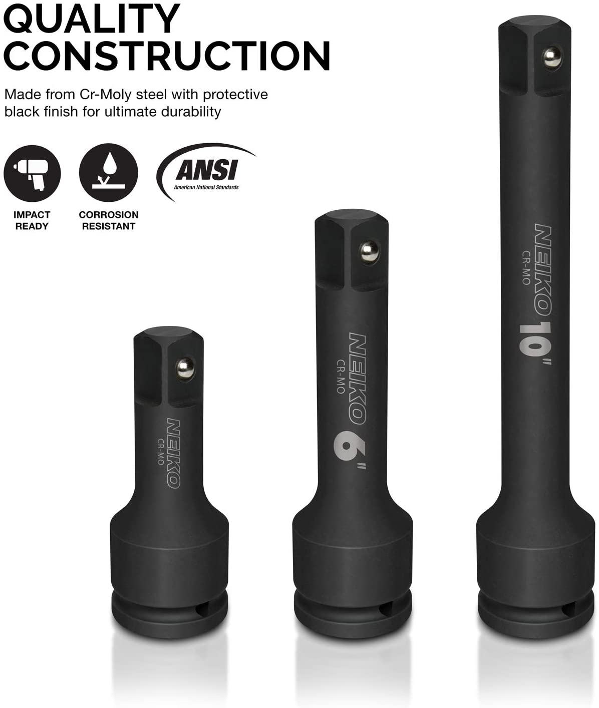 NEIKO 00236A 3/4-Inch-Drive Impact Extension-Bar Set, Made with CrV Steel, 4-Inch, 6-Inch, and 10-Inch Sizes, 3-Piece Set