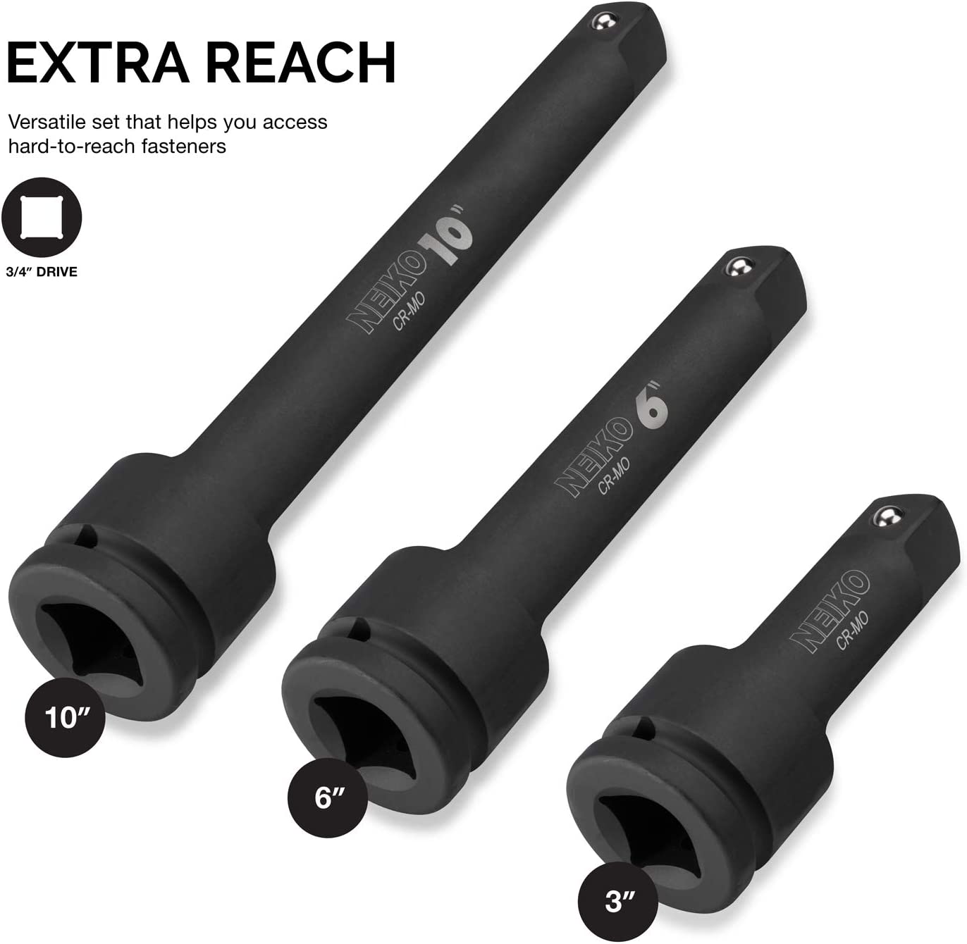 3/4" Drive Impact Extension Bar Set — 4", 6", 10", CrV Steel (3-Piece)