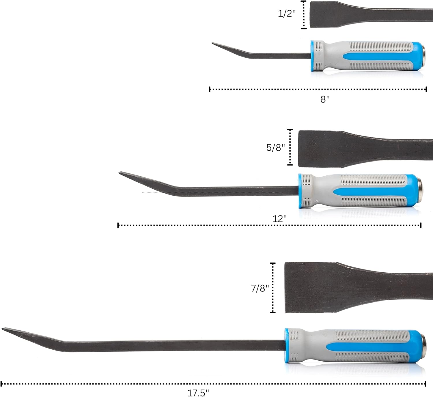 Heavy-Duty Angled Tip Pry Bar Set – 8”, 12” & 17.5”, Go-Through Striking Cap (3-Piece)