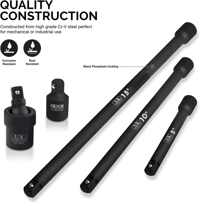 NEIKO 00256A 1/2-Inch Drive Impact Extension Bar and Adapter Set, 5-Piece | Includes 5, 10, 15-Inch Extension Bars, Universal Joint, and Reducer
