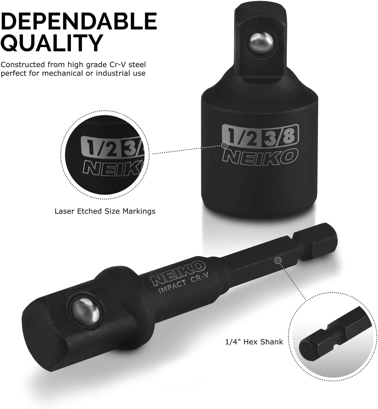 NEIKO 00298A Impact Extension and Socket-Adapter Set, 1/4-Inch Hex-Shank Drill Extension Set Made with CrV Steel, 7-Piece Kit