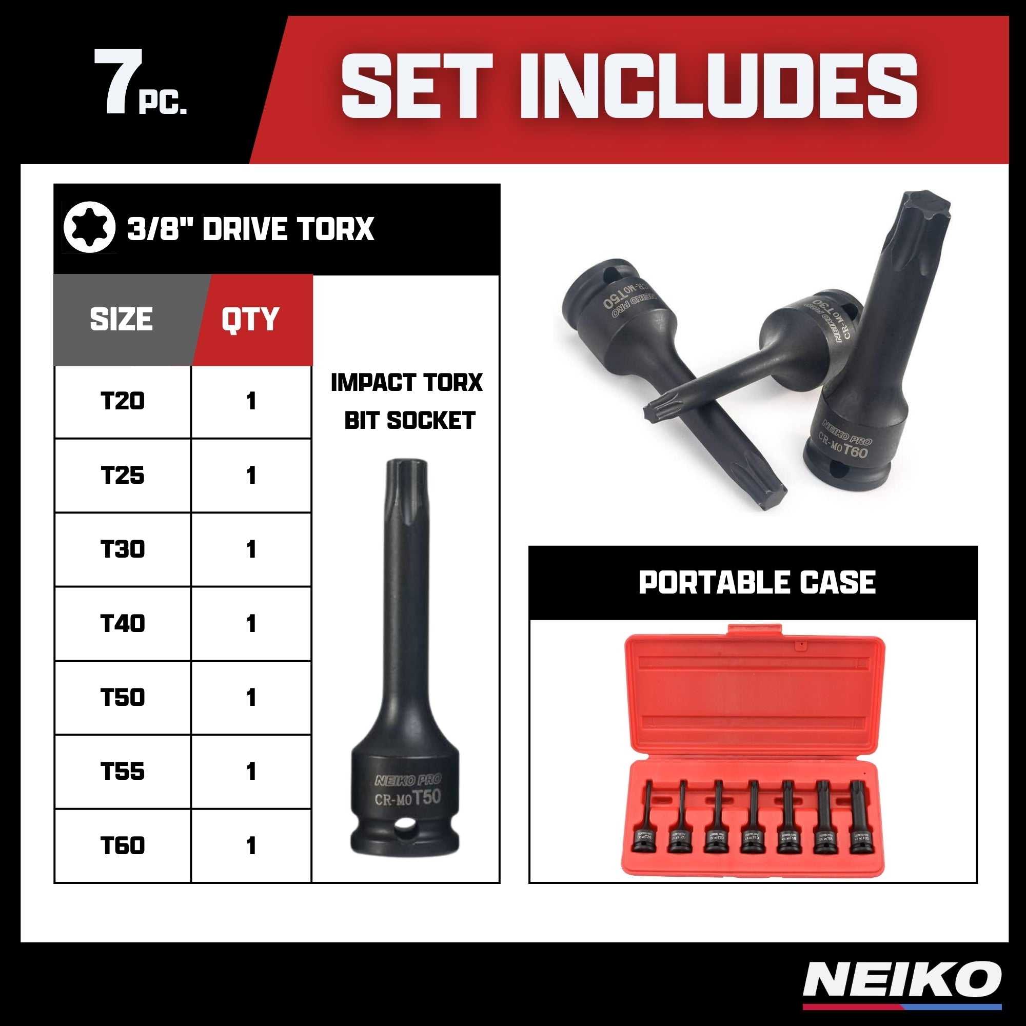 3/8” Drive Torx Star Driver Bit Socket Set T20 to T60, 3” Length, Cr-Mo Impact Grade (7-Piece)