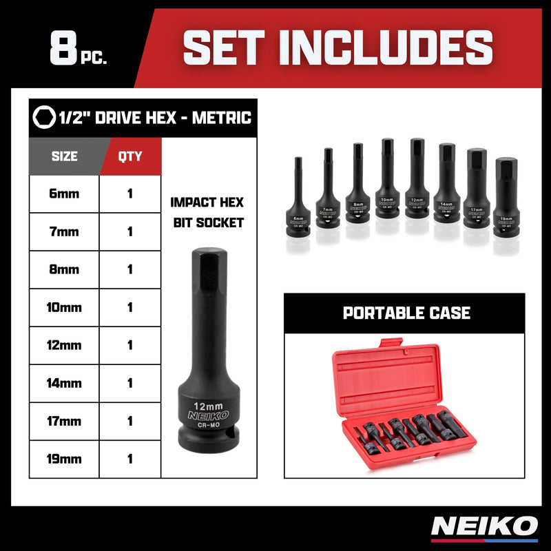 Neiko 01136B 1/2-Inch Drive Allen Hex Impact Socket Set, Metric, 6