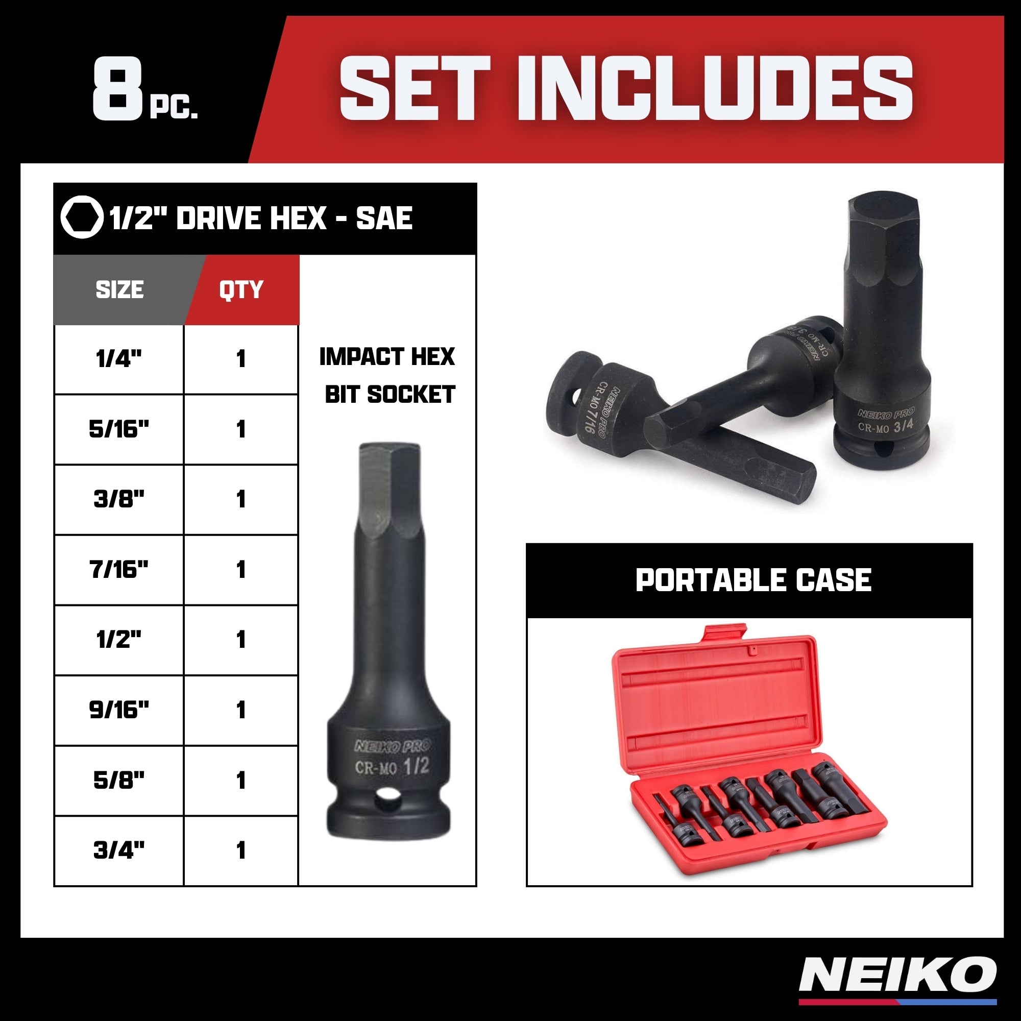 1/2"-Drive Allen Socket Set, 3" Length, 1/2" Impact Hex-Bit Socket Set (8-Piece)