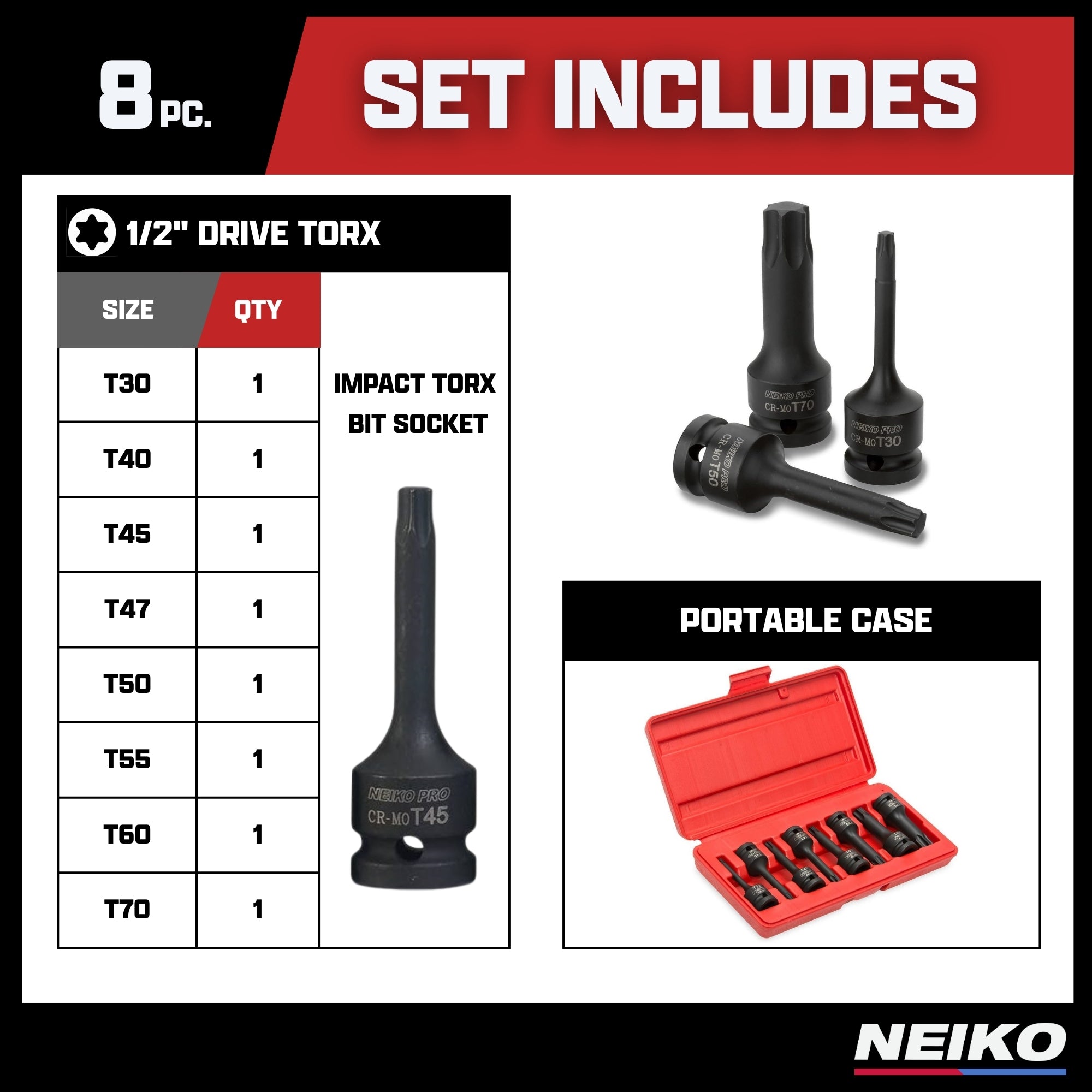 1/2” Drive Torx Star Driver Bit Socket Set T30 to T70, 3” Length, Cr-Mo Impact Grade (8-Piece)