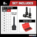 NEIKO 01138B 1/2” Drive Torx Star Driver Bit Socket Set | 8 Piece | T30 to T70 | 3” Length | Cr-Mo Impact Grade