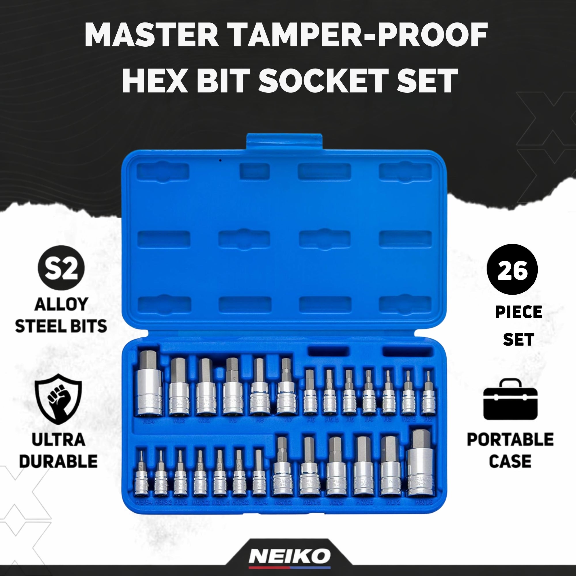 Tamper-Proof Hex Bit Socket Set SAE (5/64-9/16”) & Metric (2-14MM) (26-Piece)