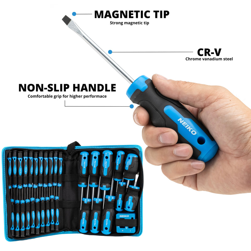 NEIKO 01379A Master Screwdriver Set, 32 Piece Magnetic Precision Screwdrivers, Phillips, Flathead, Slotted, and Torx Drivers, Includes Magnetizer and Demagnetizer, Small Magnetic Screwdrivers