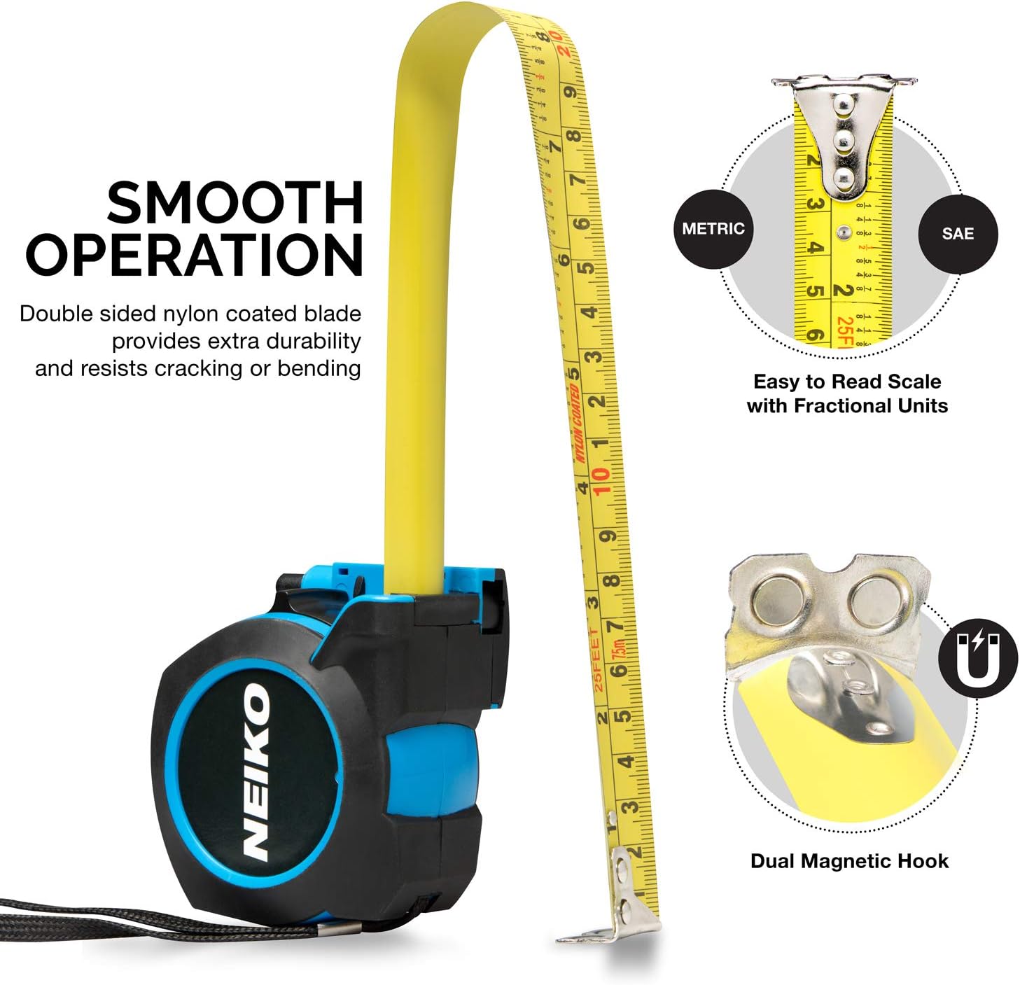 SAE & Metric Tape Measure – 25 ft (7.5 m), Magnetic Hook