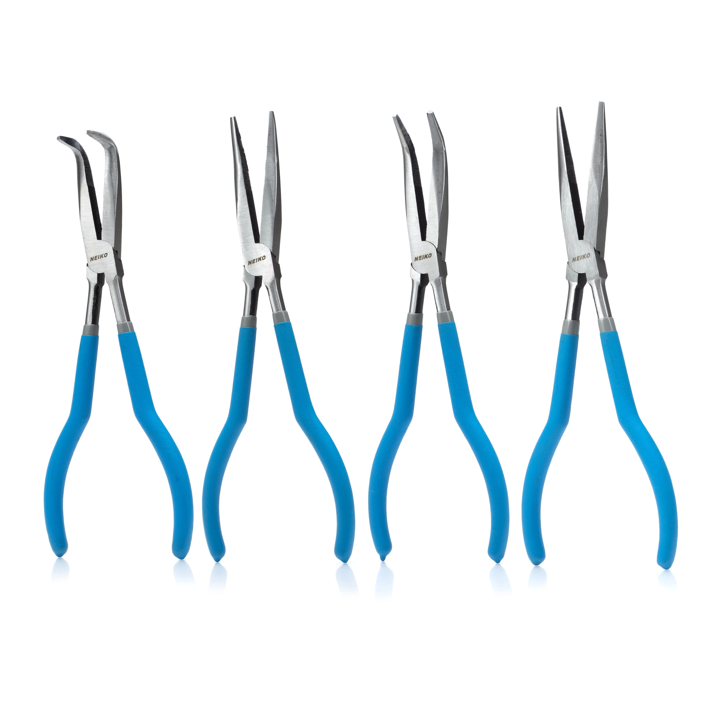 (4) Long Nose Plier 11” Long Reach, Straight, Angle, Curved Pliers, 45 & 90 Degree