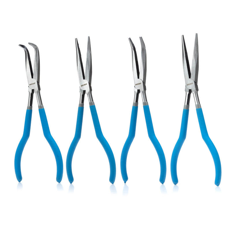 NEIKO 02105A (4) Long Nose Plier 11” Long Reach, Straight, Angle, Curved Pliers, 45 & 90 Degree, bent Head Needle Nose Pliers Set for Mechanics, Long Handle Pliers