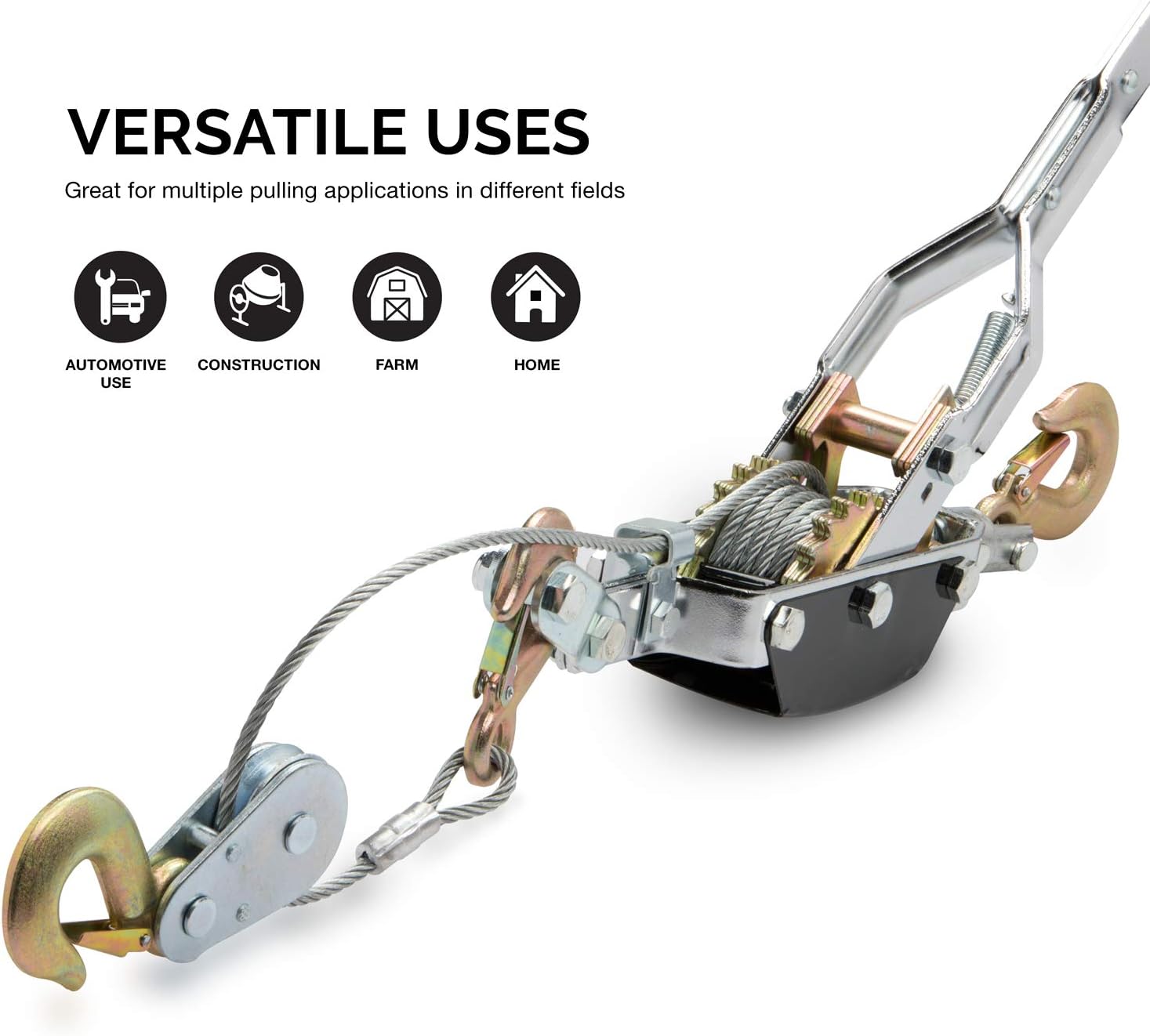 Come-Along Winch — 5-Ton (10,000 Lb) Capacity, 10-Ft Cable, 3 Hooks
