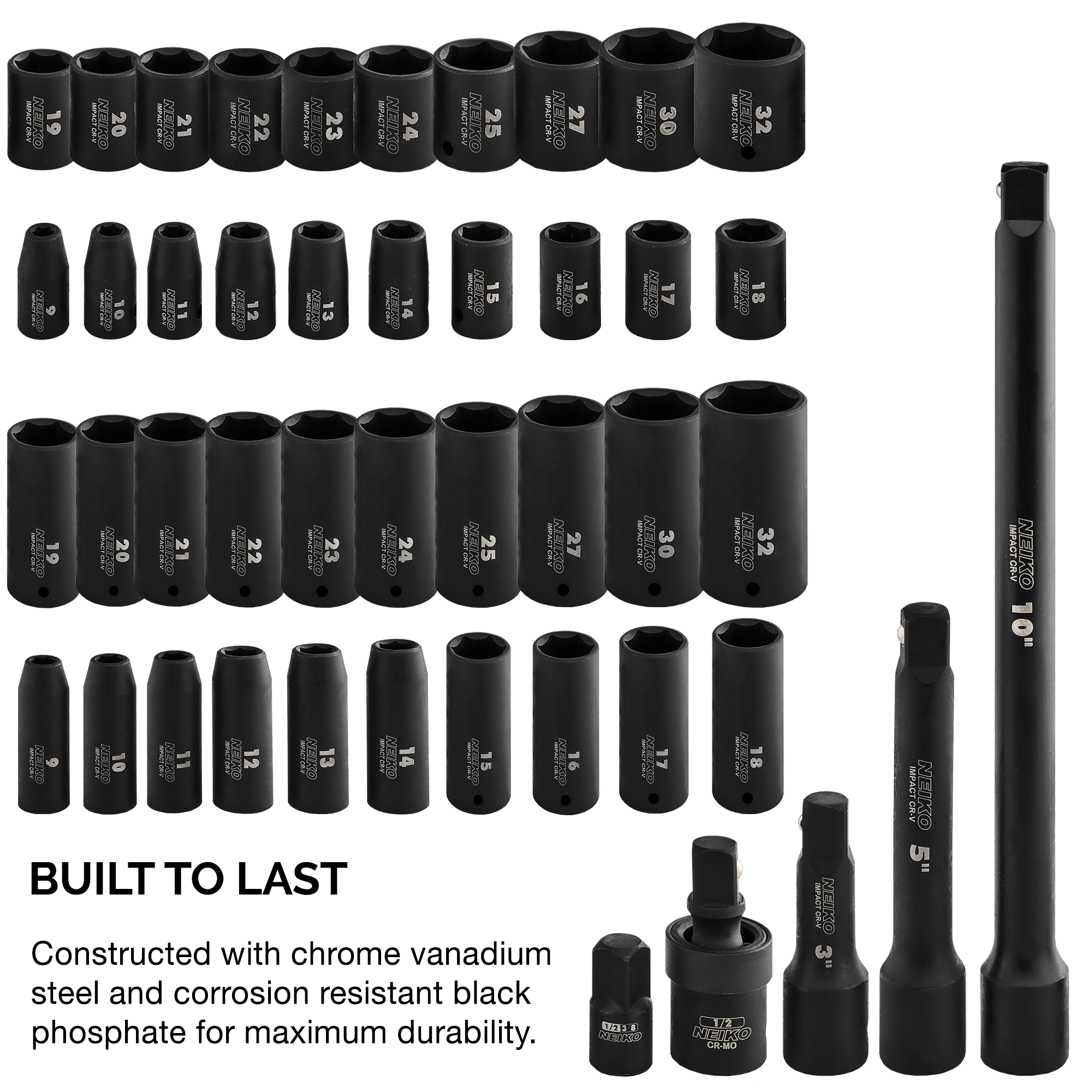 1/2 Impact Socket Set Deep & Shallow Assortment, Metric Sizes 9mm to 32mm (45-Piece)