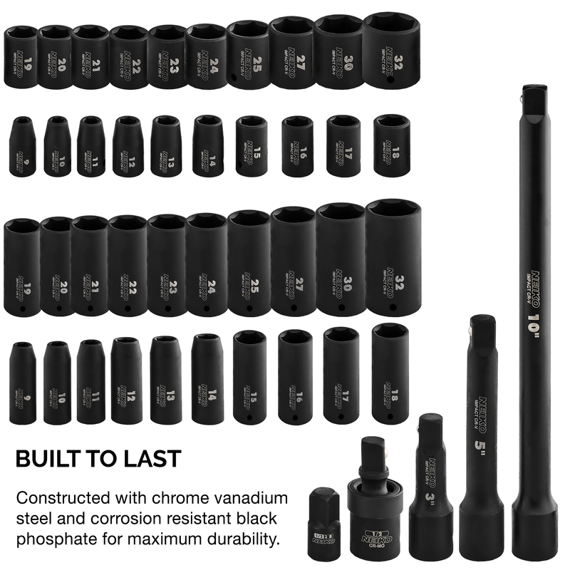 NEIKO 02330A 1/2 Impact Socket Set, 45 Piece Deep and Shallow Assortment, Metric Sizes 9mm to 32mm, Chrome Vanadium Steel, Extension Bars, Universal Joint and Adapter, 1/2" Drive Deep Well Set