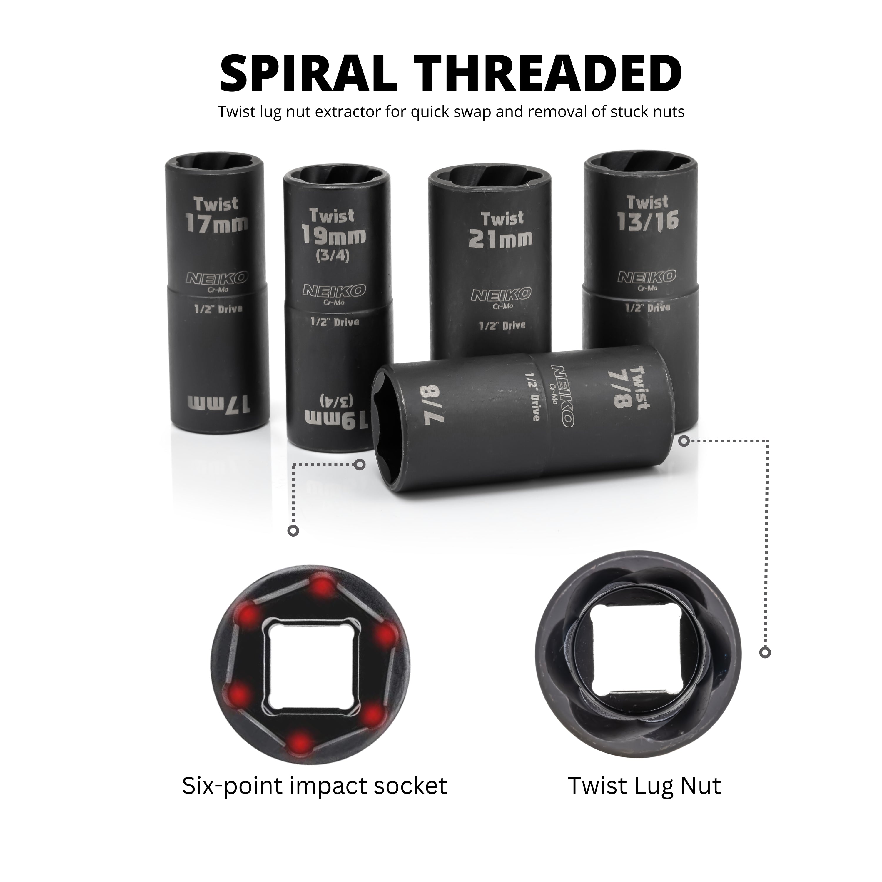 Twist Socket Set Lug Nut Socket Set, SAE & Metric, 1/2 Inch Dr. Impact Flip Socket Set (6-Piece)