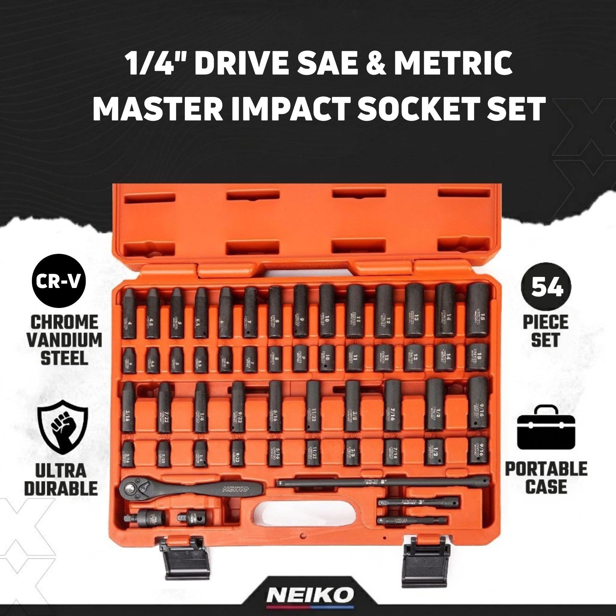 NEIKO 1/4 Drive Impact Socket Set Metric & Standard (54-P – NEIKO®