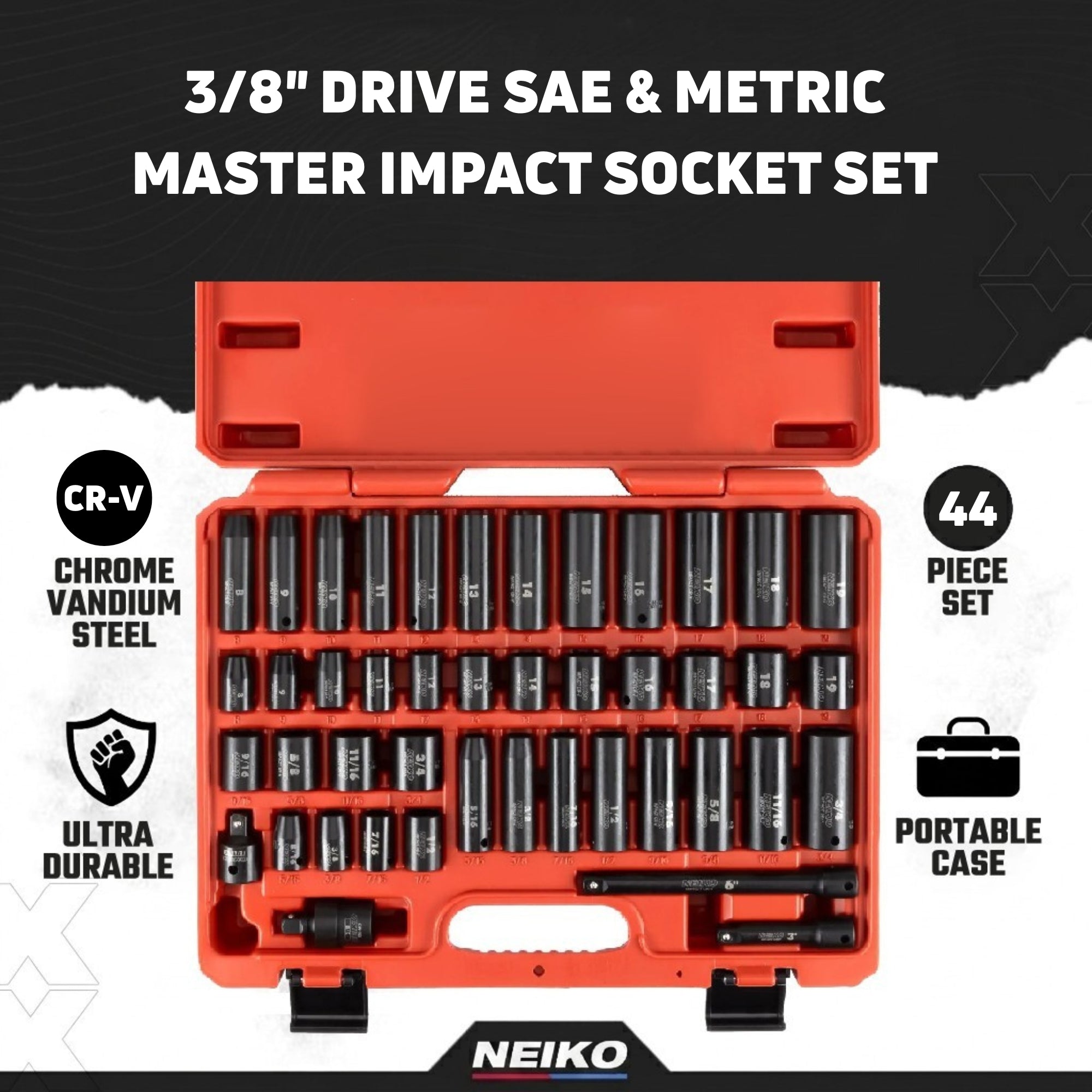 3/8"-Drive Impact Socket Set, SAE Sizes 5/16" to 3/4" & Metric Sizes 8 mm to 19 mm (44-Piece)