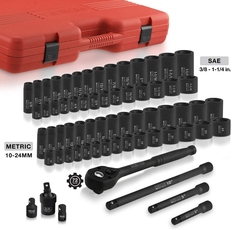 NEIKO 02448A 1/2" Drive Master Impact Socket Set, 65 Piece, Standard SAE (3/8"-1-1/4") & Metric (10-24 mm) Sizes, Deep & Shallow Kit, Includes Adapters & Ratchet Handle