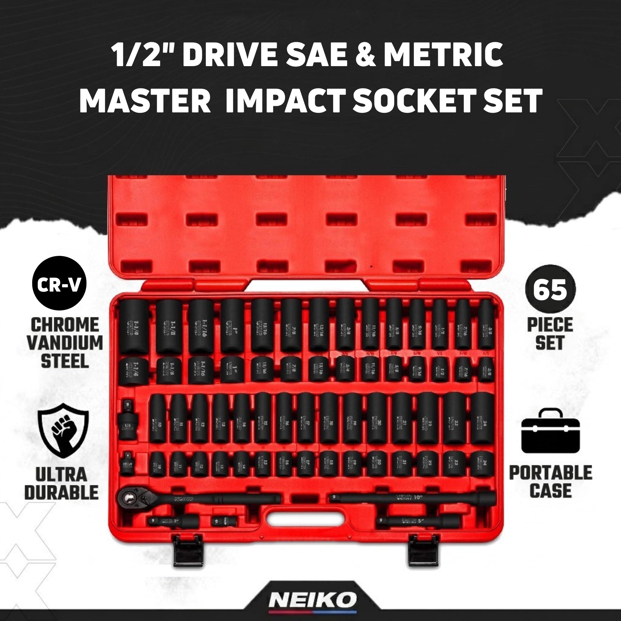 1/2" Drive Master Impact Socket Set — SAE & Metric, Deep & Shallow (65-Piece)