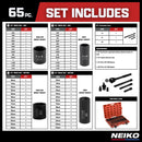 NEIKO 02448A 1/2" Drive Master Impact Socket Set, 65 Piece, Standard SAE (3/8"-1-1/4") & Metric (10-24 mm) Sizes, Deep & Shallow Kit, Includes Adapters & Ratchet Handle