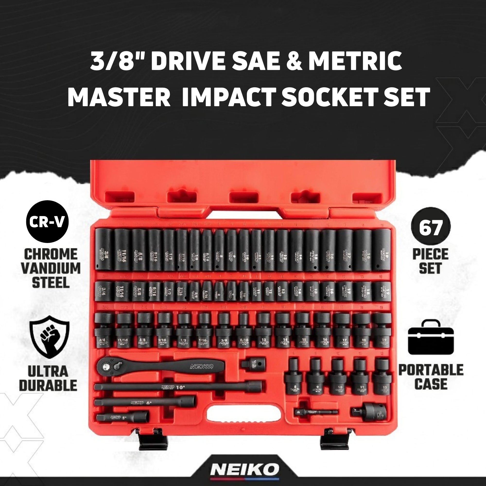 3/8" Drive Master Impact Socket Set — SAE & Metric, Deep/Shallow/Swivel, 72-Tooth Ratchet (67-Piece)
