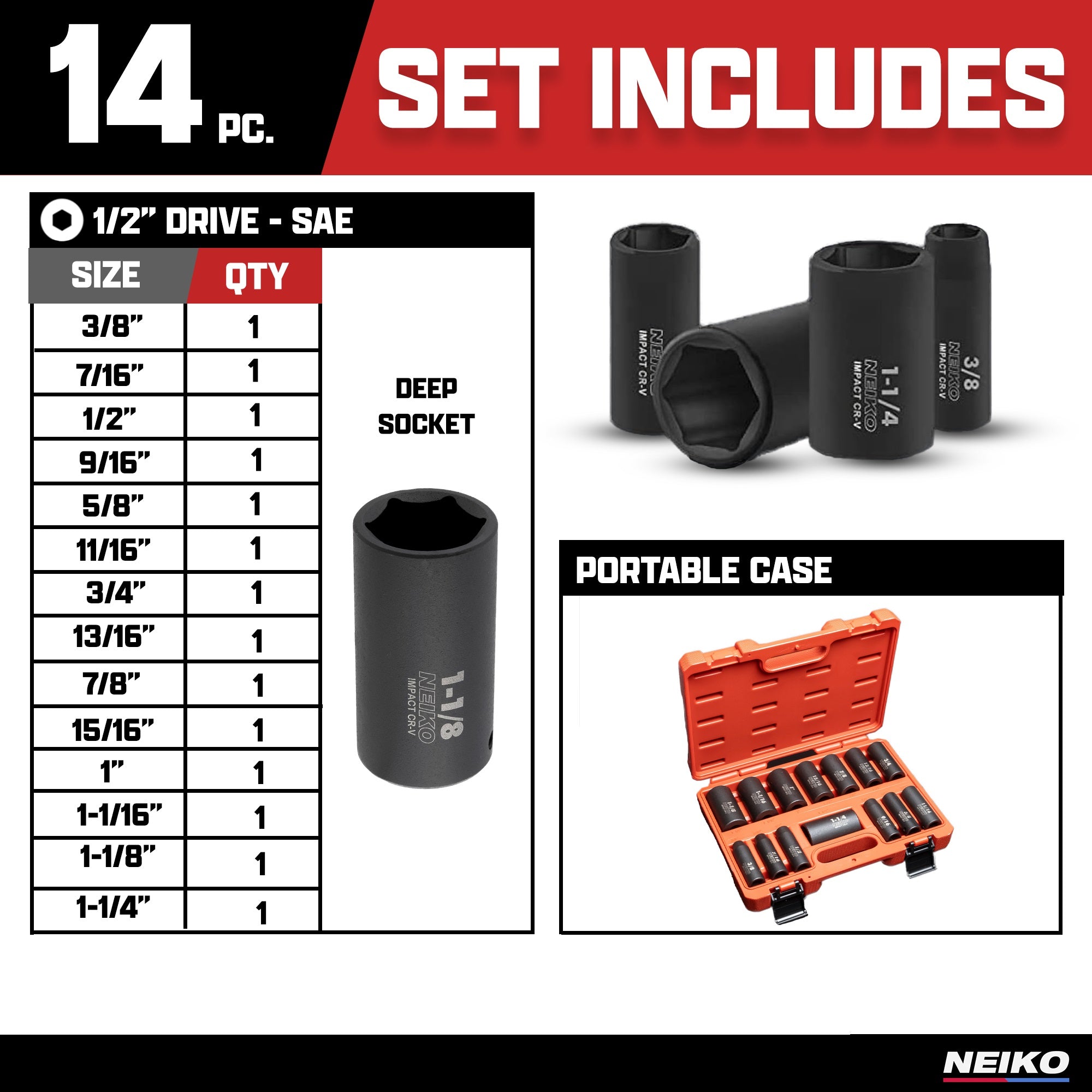 1/2" Impact Socket Set 6 Point Impact Set, Standard Impact Socket Set, SAE Sizes (14-Piece)