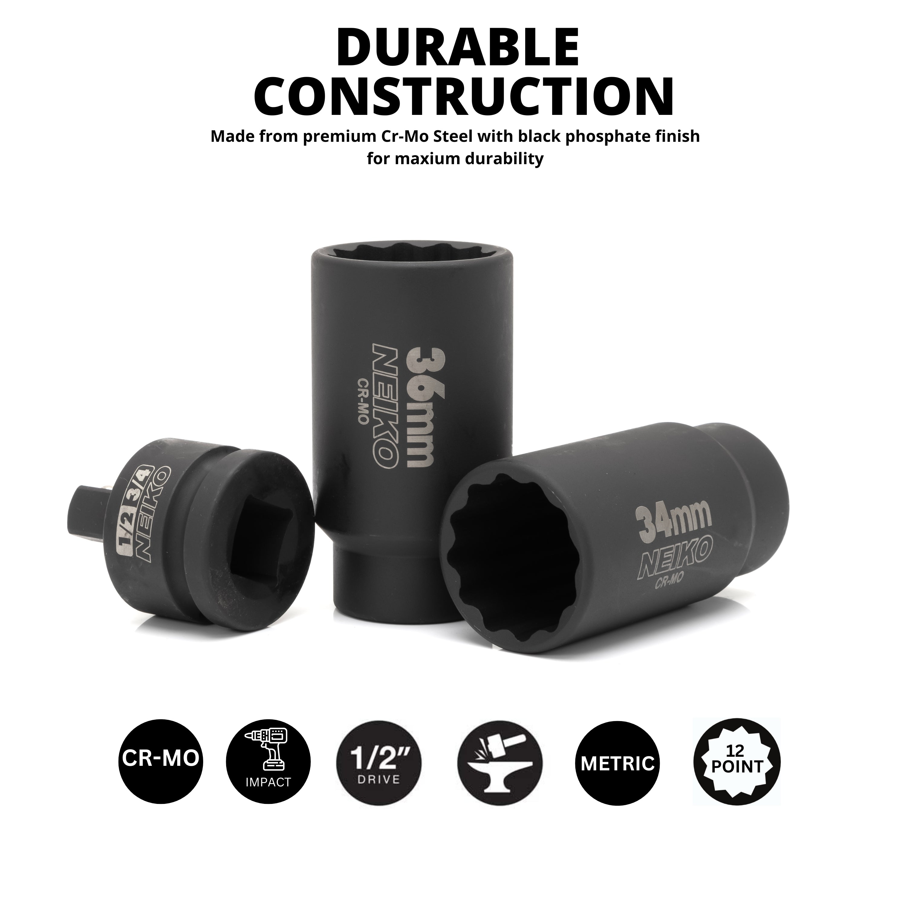 12 Point Socket Set 1/2” Drive, Lug Nut Remover, Spindle Nut Socket, Axle Nut Socket Set (5-Piece)