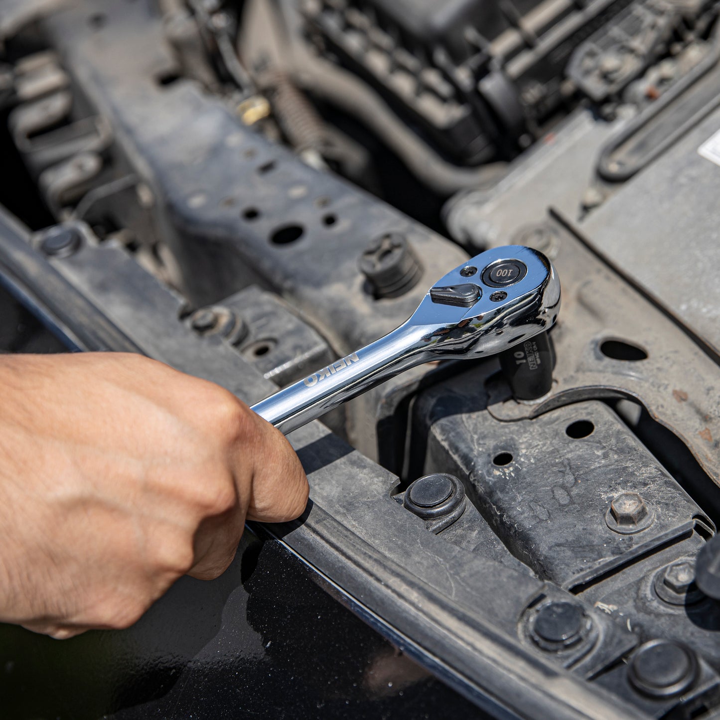 Neiko 03000A 100-Tooth Quick-Release Ratchet-Wrench Set, 1/4-Inch-, 3/8-Inch-, and 1/2-Inch-Drive Ratchets, 3.6-Degree Swing, CrMo Steel, 3-Piece Set