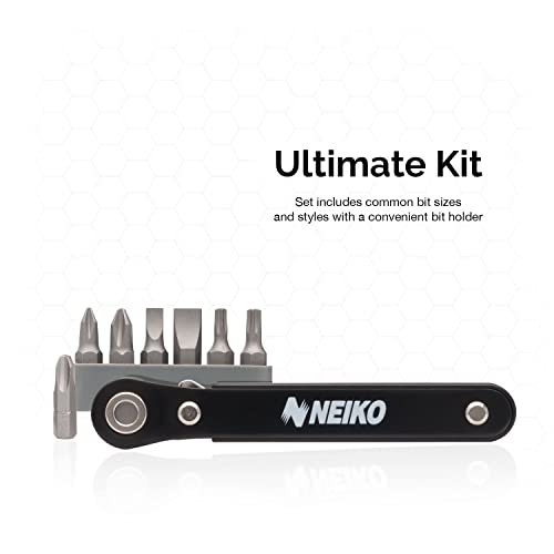 NEIKO 03044A 1/4-Inch Drive Mini Ratchet Screwdriver Set, 8 Pc, Cr-V Steel, Tight Reach, 90 Degree Screwdriver, Low Profile, Close Quarter, Right Angle Offset, Short Phillips, Slotted, Torx Star