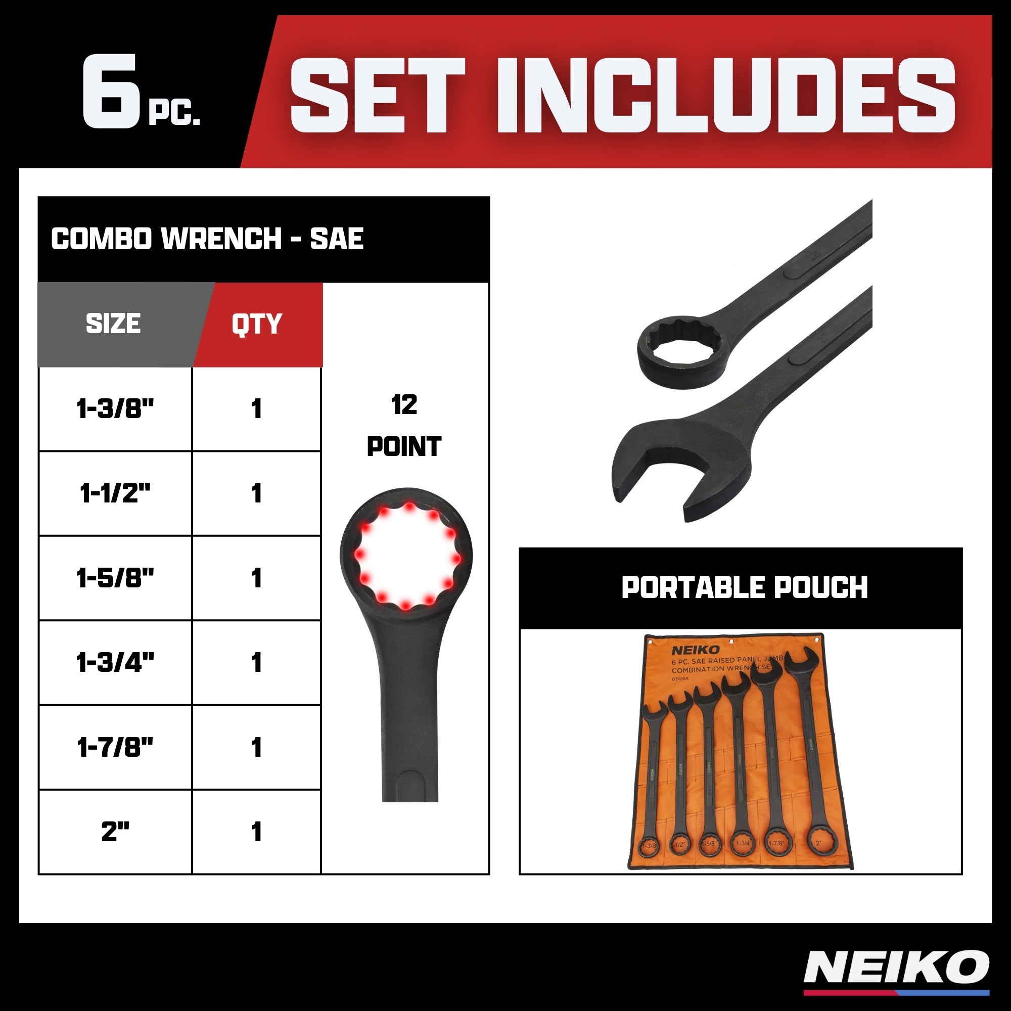 Heavy-Duty SAE Combination Wrench Set — 12-Point, Carbon Steel, Black Oxide (6-Piece)